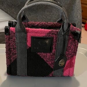 Kurt Geiger London Mini Tote Bag Pink Black Tweed Logo Charm Zip Top
